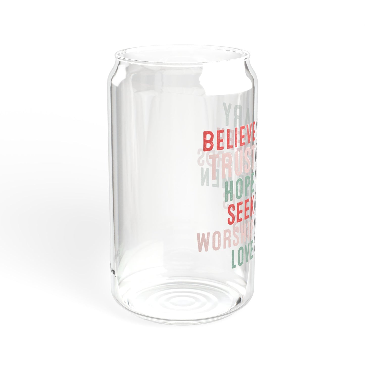 16 oz Believe Like Mary Glass Soda Can Tumbler