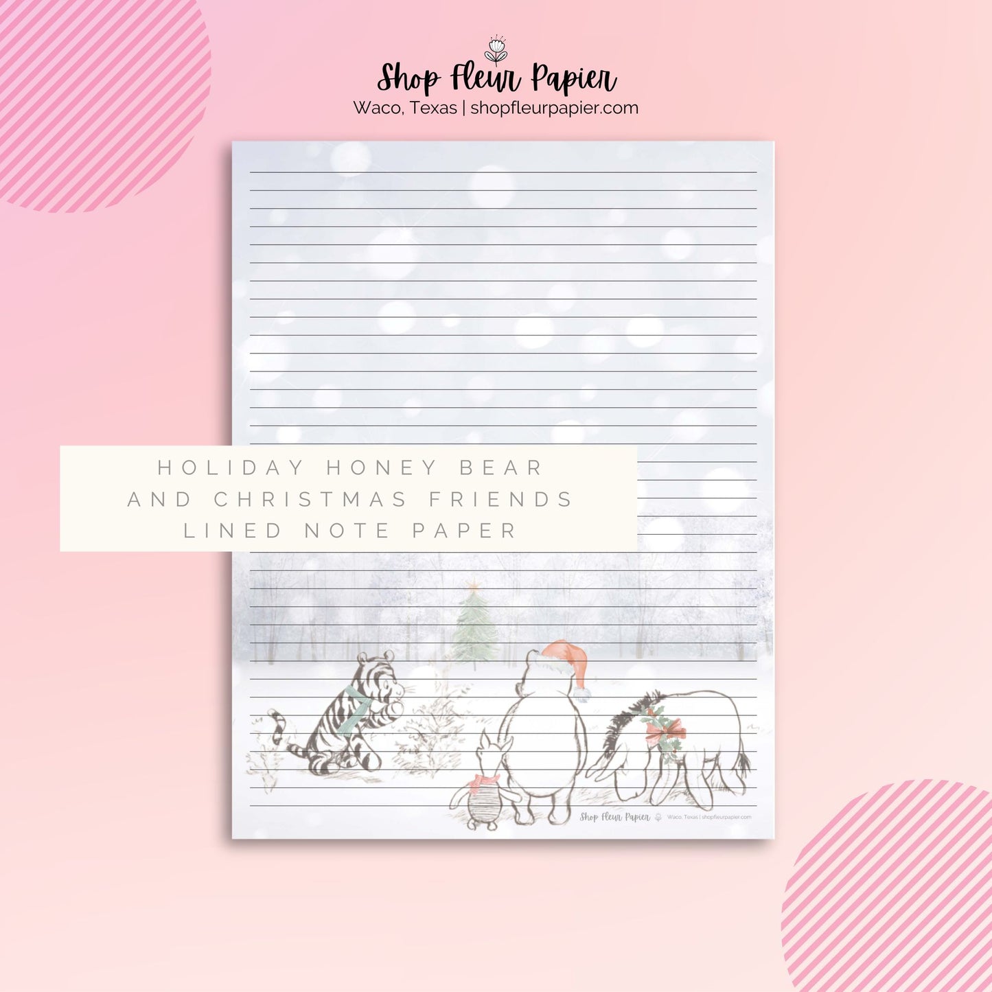 Digital Pen Pal Paper | Holiday Honey Bear and Christmas Friends Lined Note Paper