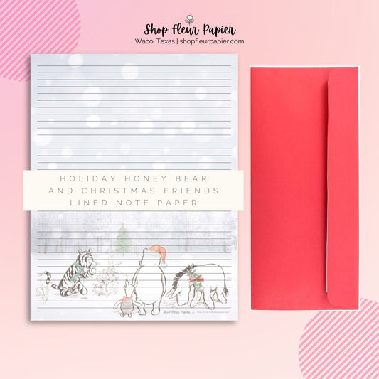 Pen Pal Stationery | Holiday Honey Bear and Christmas Friends Lined Notepaper