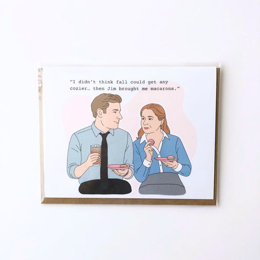 Office Couple Macaron Fall A2 Greeting Card – Cozy Autumn Desk Humor