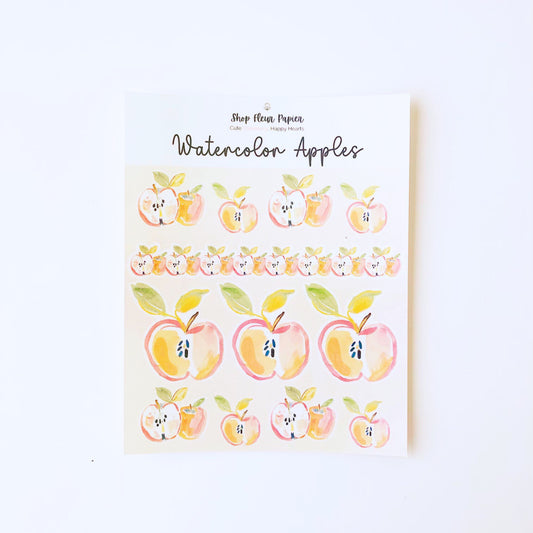 Sheet of watercolor apple stickers with decorative border on a white background