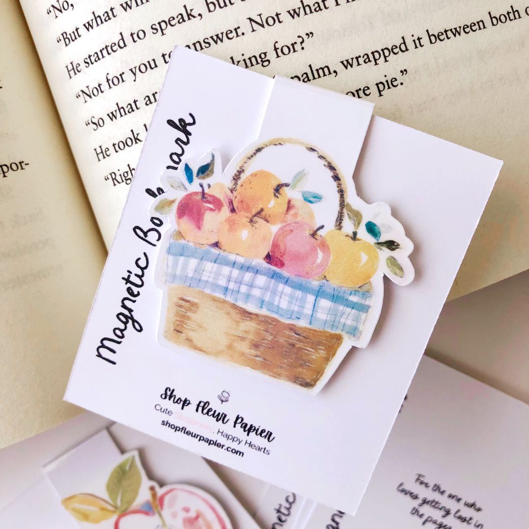 magnetic bookmark with watercolor picnic basket with fall apples